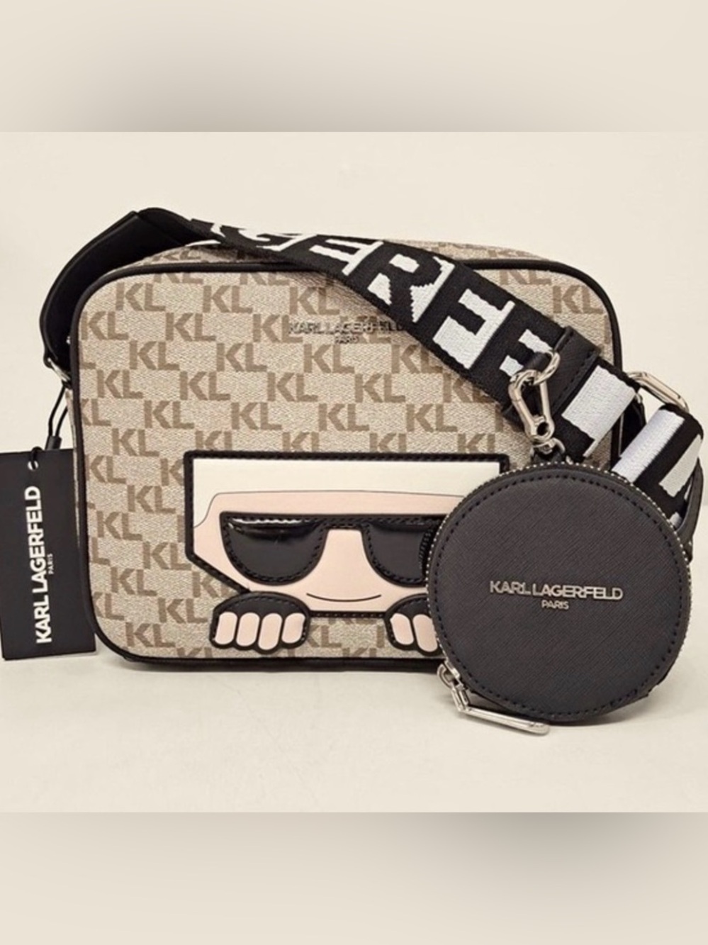 New Karl Lagerfeld Beige KL Monogram Crossbody Bag with Removable Coin Pouch